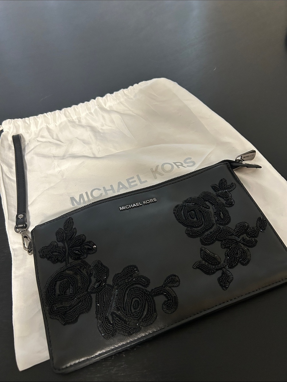 Michael Kors Black Beaded Floral Wristlet Clutch